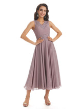 Elegant A-line Chiffon V-neck Tea-length Two pieces Mother Of The Bride Dresses