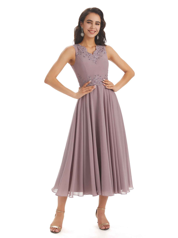 Elegant A-line Chiffon V-neck Tea-length Two pieces Mother Of The Bride Dresses