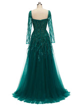 Green A-line Long Sleeves Floor-length Heavily Beaded Long Formal Prom Dresses