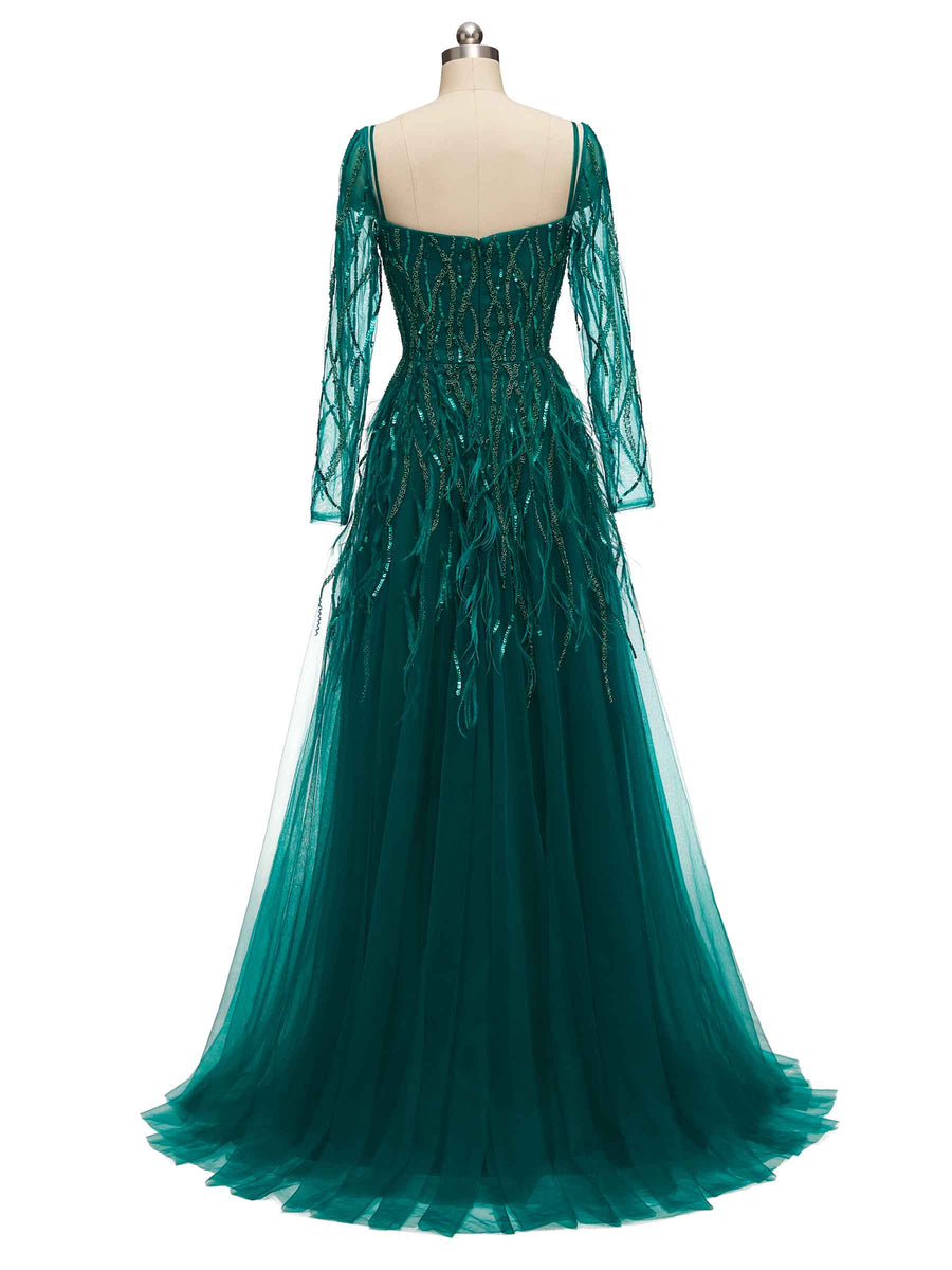 Green A-line Long Sleeves Floor-length Heavily Beaded Long Formal Prom Dresses
