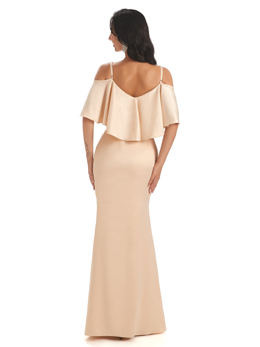 Elegant Soft Satin Spaghetti Straps Off Shoulder Long Mermaid Prom Dresses