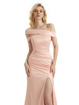 Elegant Asymmetrical Unique Soft Satin Side Slit Long Mermaid Bridesmaid Dresses