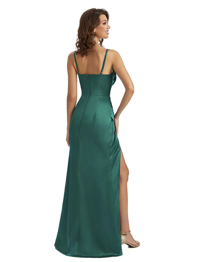 Sexy Side Slit Mermaid Silky Satin Cowl Unique Long Formal Dresses For Weddings
