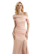 Elegant Asymmetrical Off Shoulder Soft Satin Side Slit Long Mermaid Graduation Prom Dresses