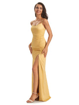 Sexy Satin Scoop Neckline Long Mermaid Evening Prom Dresses With Slit Online Sale