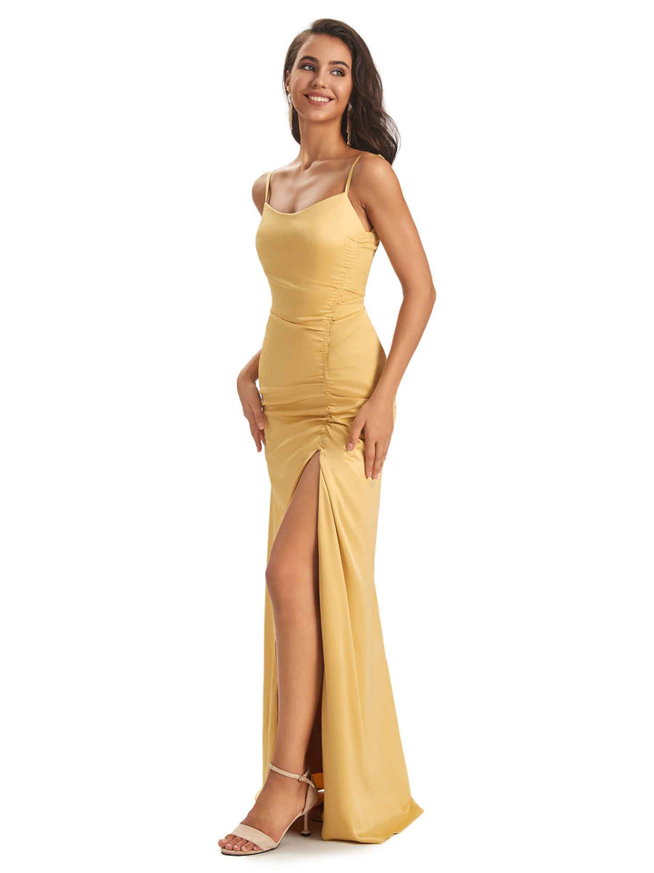 Soft Satin Side Slit Scoop Neckline Long Mermaid Bridesmaid Dresses Online