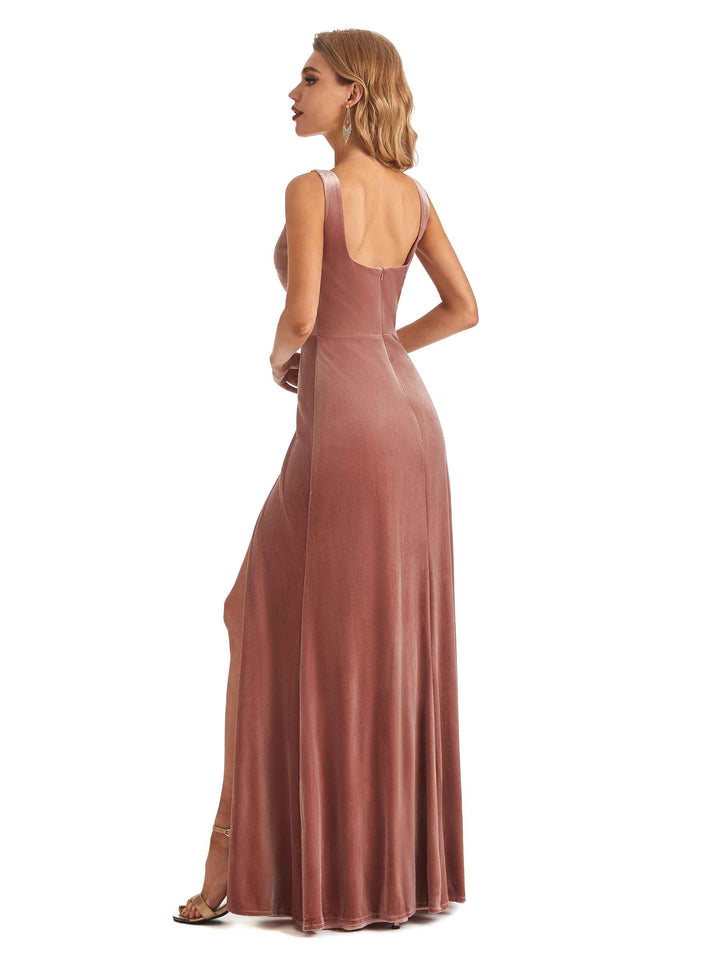 Women Elegant Sheath Velvet Square Long Wedding Guest Dresses