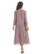Elegant A-line Chiffon V-neck Tea-length Two pieces Mother Of The Bride Dresses