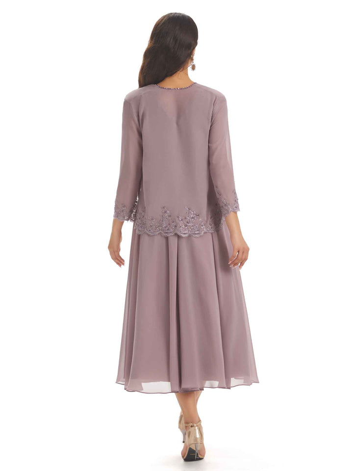 Elegant A-line Chiffon V-neck Tea-length Two pieces Mother Of The Bride Dresses