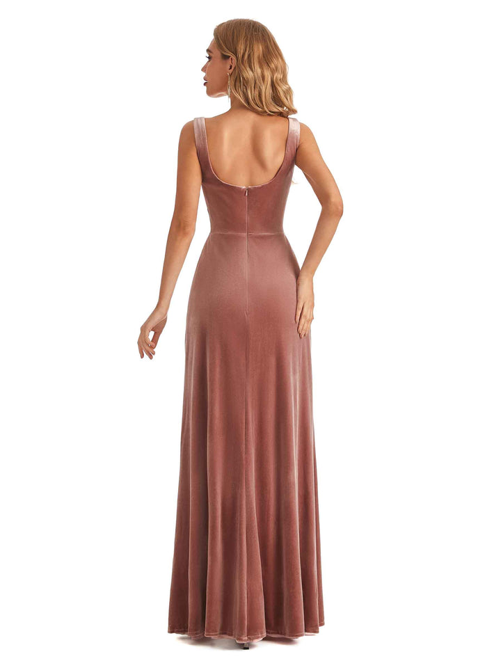 Women Elegant Sheath Velvet Square Long Wedding Guest Dresses