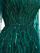 Green A-line Long Sleeves Floor-length Heavily Beaded Long Formal Prom Dresses