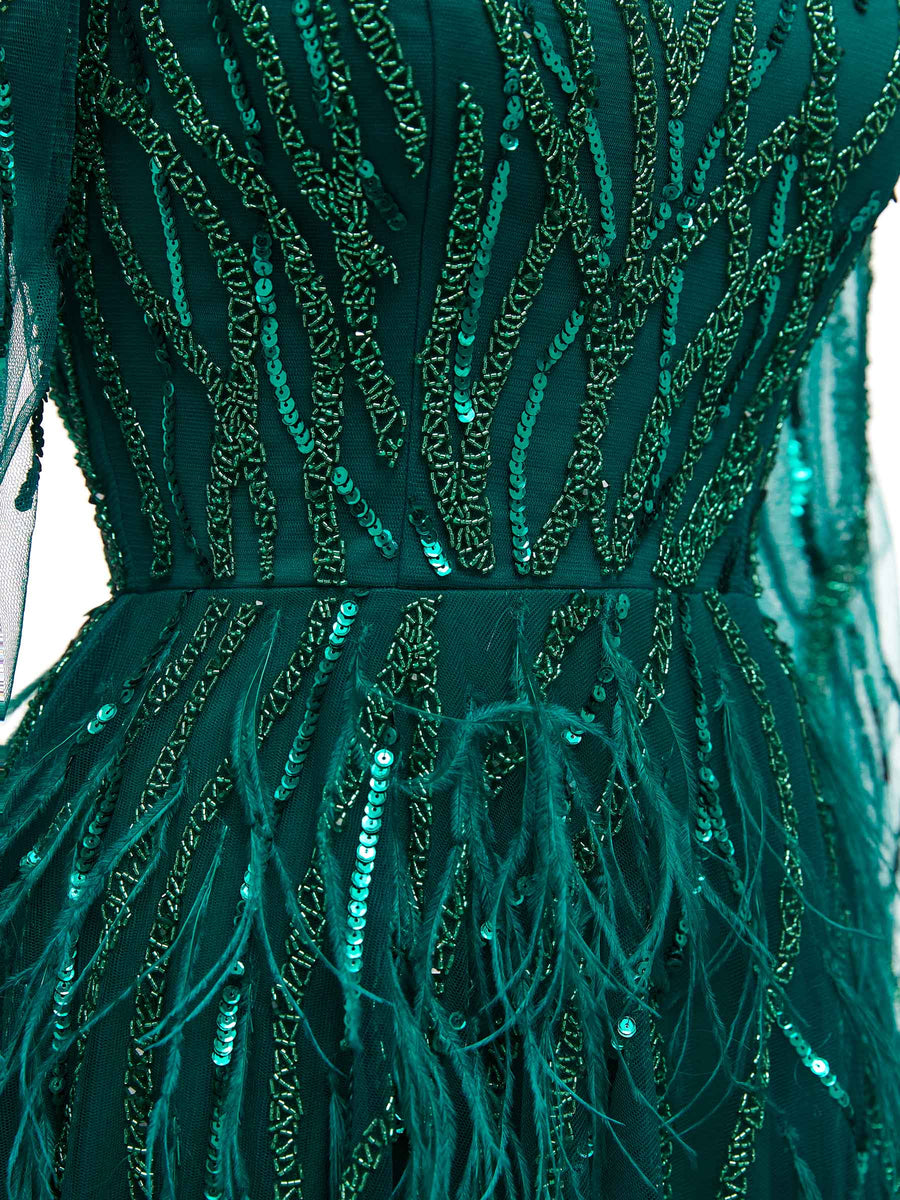 Green A-line Long Sleeves Floor-length Heavily Beaded Long Formal Prom Dresses