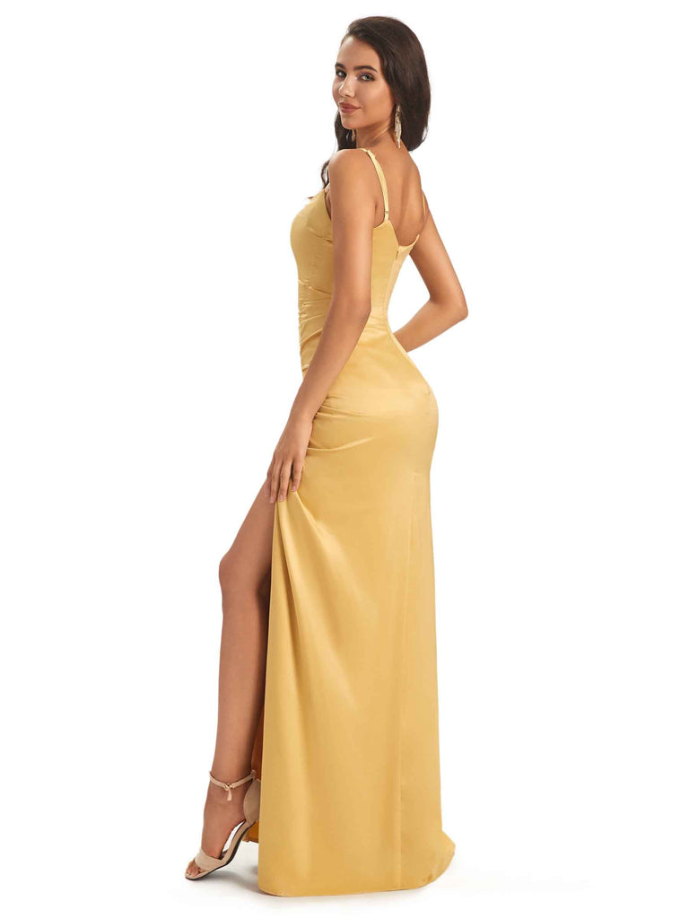 Sexy Satin Scoop Neckline Long Mermaid Evening Prom Dresses With Slit Online Sale