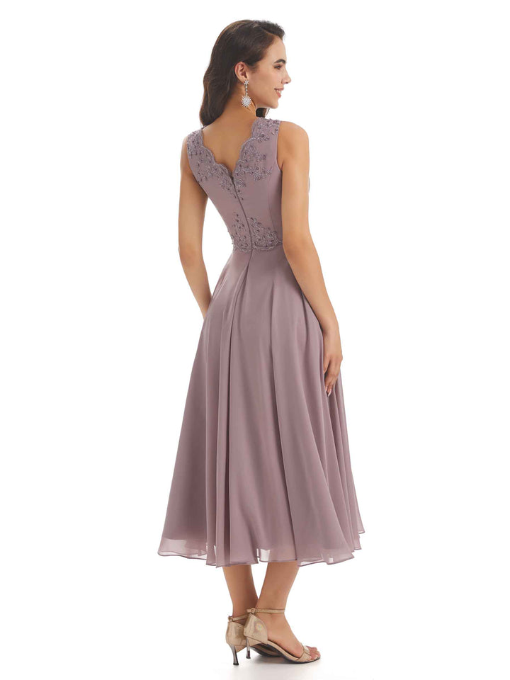 Elegant A-line Chiffon V-neck Tea-length Two pieces Mother Of The Bride Dresses