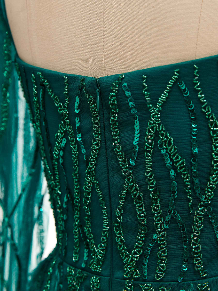 Green A-line Long Sleeves Floor-length Heavily Beaded Long Formal Prom Dresses