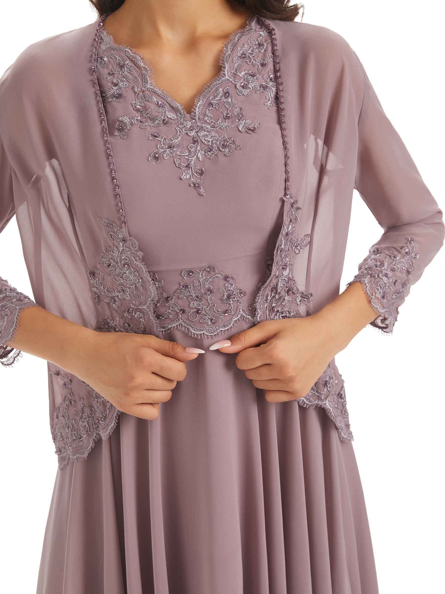 Elegant A-line Chiffon V-neck Tea-length Two pieces Mother Of The Bride Dresses