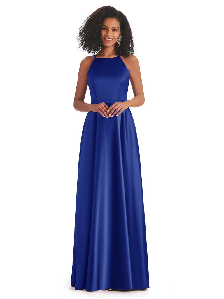 Halter Neck Lace Maxi Bridesmaid Dress, Royal Blue