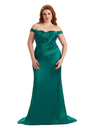Sexy Mermaid Off The Shoulder Sweetheart Soft Satin Long Plus Size Maid of Honor Dresses