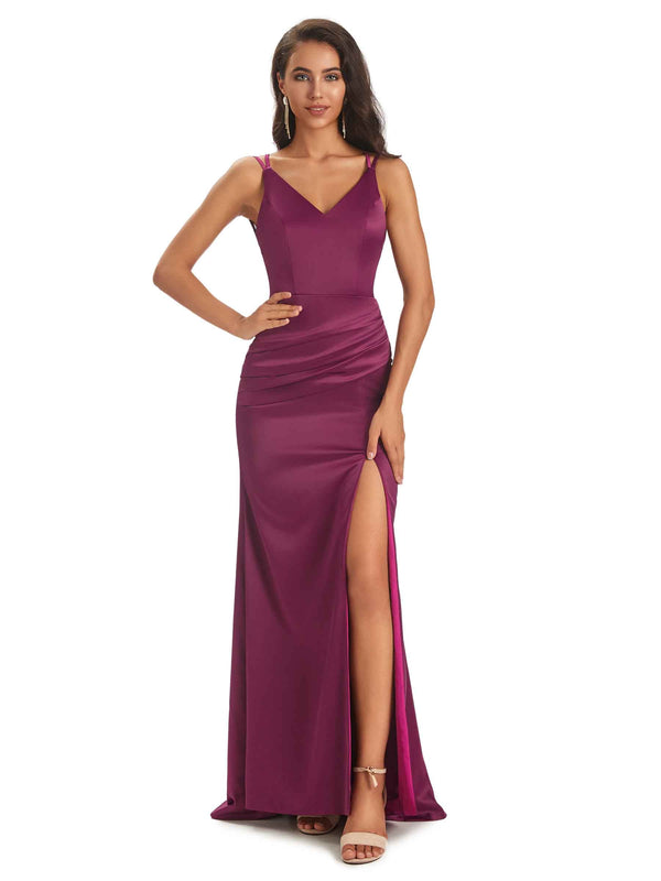 Sexy Criss Cross V-neck Soft Satin Maxi Mermaid Party Prom Dresses Sale With Slit