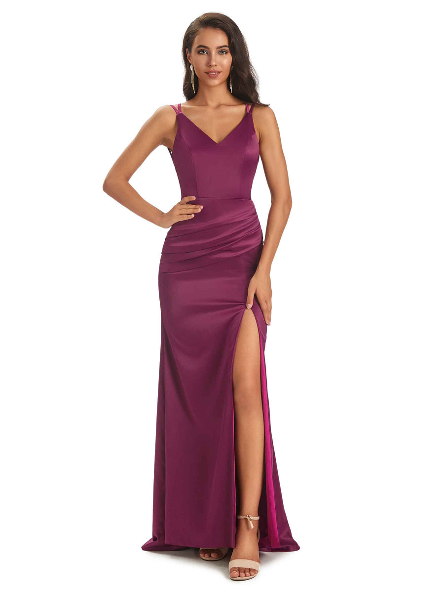 Sexy Criss Cross V-neck Long Satin Side Slit Mermaid Bridesmaid Dresses Online