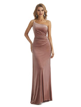 Elegant Sheath One Shoulder Formal Velvet Long Wedding Guest Dresses
