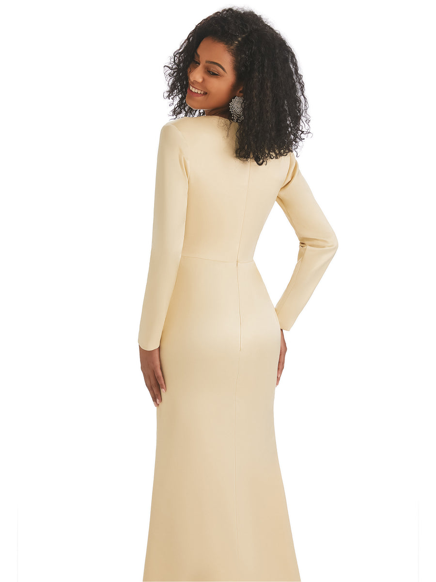 Soft Satin Side Slit Long Sleeves V-neck Long African Mermaid Bridesmaid Dresses