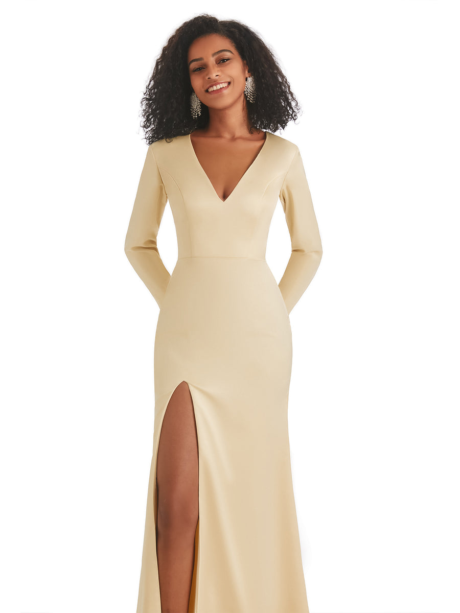 Soft Satin Side Slit Long Sleeves V-neck Long African Mermaid Bridesmaid Dresses