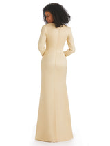Soft Satin Side Slit Long Sleeves V-neck Maxi Long Mermaid Prom Dresses