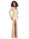 Soft Satin Side Slit Long Sleeves V-neck Maxi Long Mermaid Prom Dresses