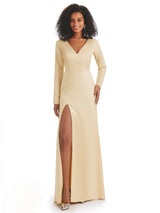 Soft Satin Side Slit Long Sleeves V-neck Maxi Long Mermaid Prom Dresses