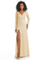 Soft Satin Side Slit Long Sleeves V-neck Long African Mermaid Bridesmaid Dresses