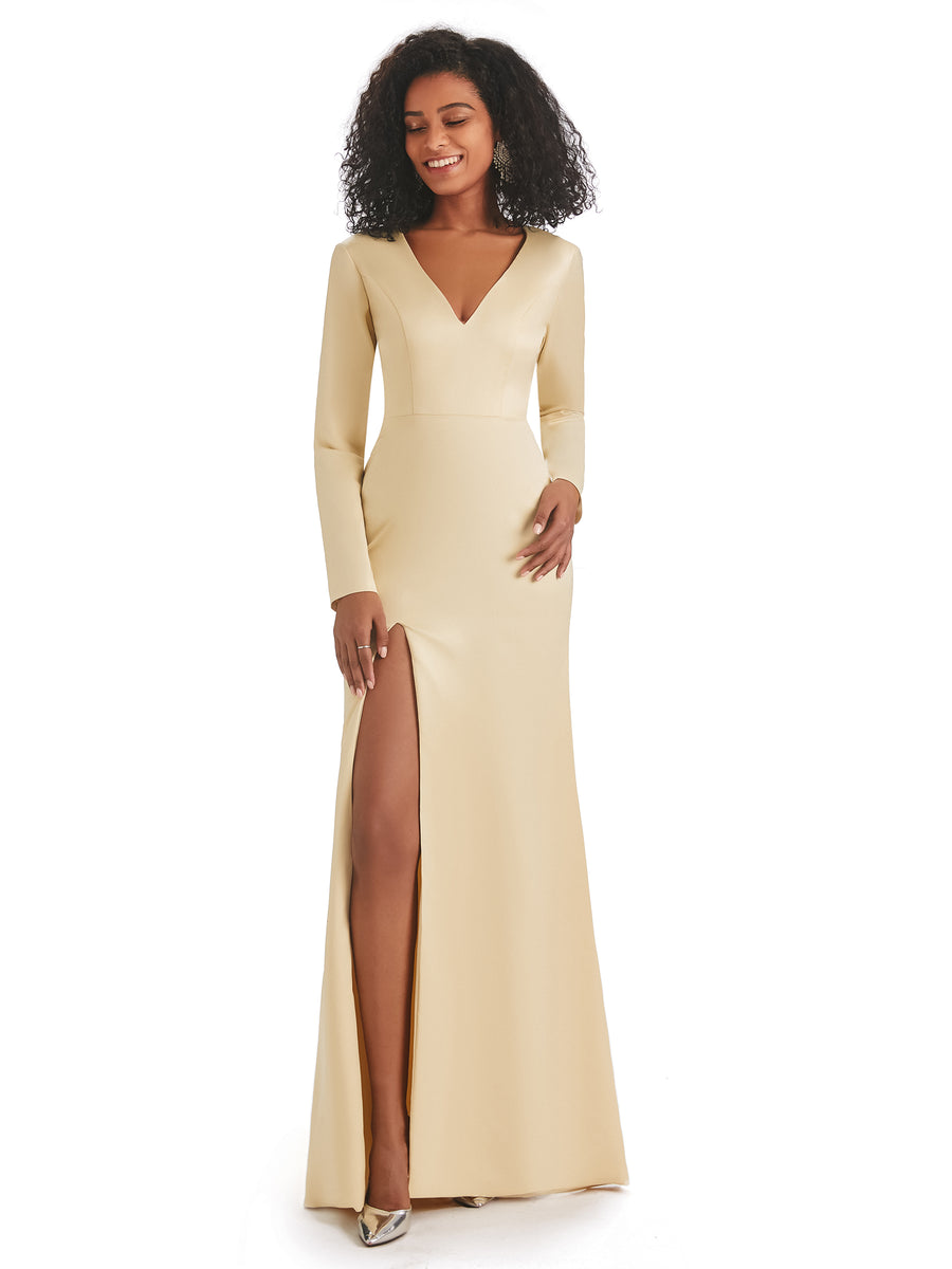 Soft Satin Side Slit Long Sleeves V-neck Long African Mermaid Bridesmaid Dresses