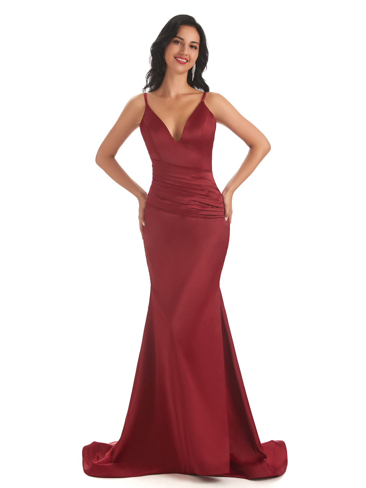 Sexy Spaghetti Straps Soft Satin V-neck Mermaid Long Bridesmaid Dresses