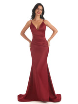 Sexy Spaghetti Straps Soft Satin V-neck Mermaid Long Bridesmaid Dresses