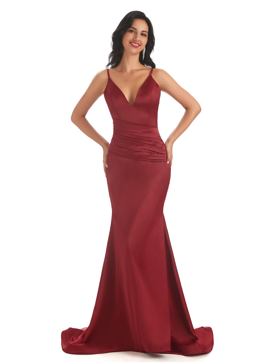 Sexy Spaghetti Straps Soft Satin V-neck Mermaid Long Bridesmaid Dresses