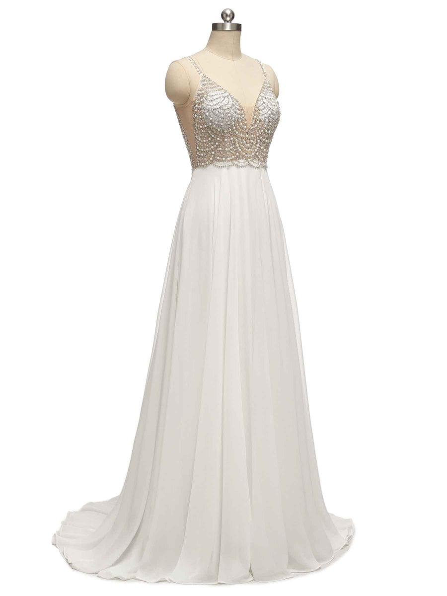 Eleagnt A-line Spaghetti Straps Sparkly Beaded Beach Wedding Dresses Online