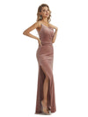 Elegant Sheath One Shoulder Velvet Long Bridesmaid Dresses Online