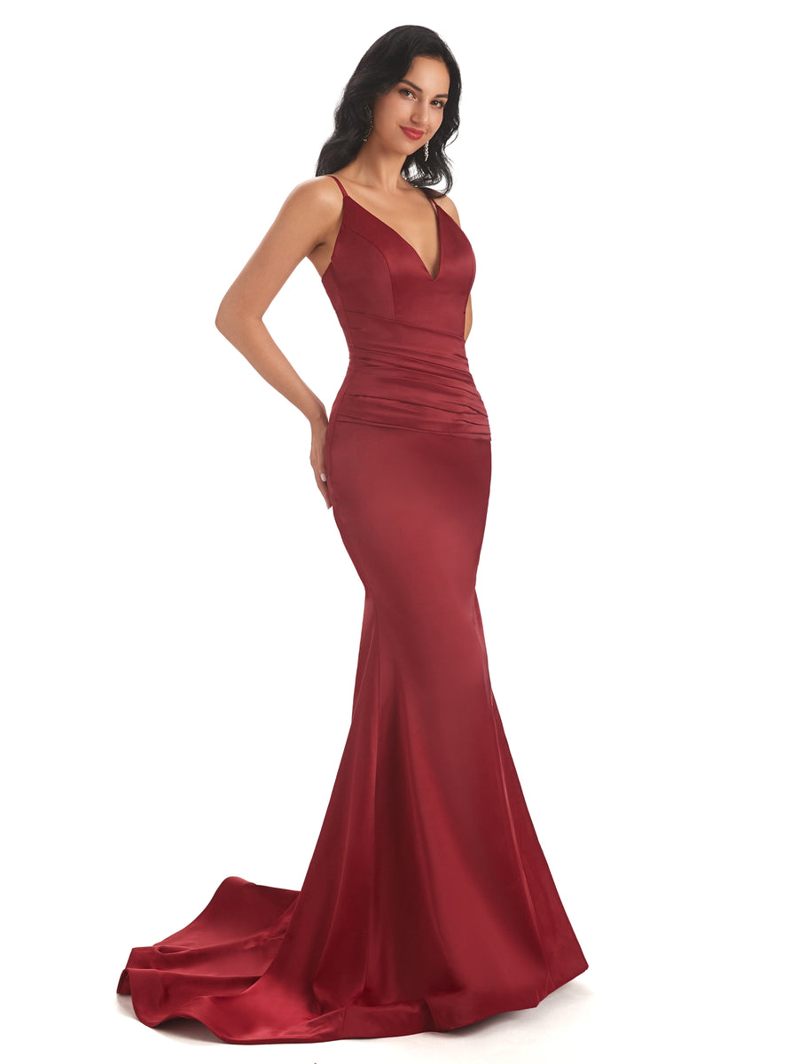 Sexy Spaghetti Straps Soft Satin V-neck Mermaid Long Bridesmaid Dresses