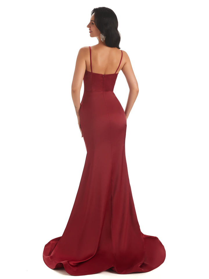 Sexy Spaghetti Straps Soft Satin V-neck Mermaid Long Bridesmaid Dresses