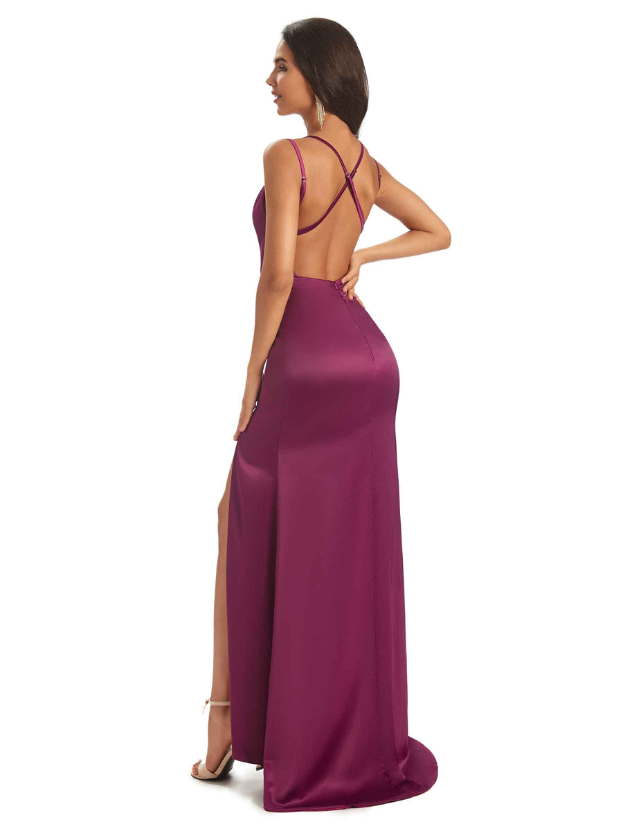 Sexy Criss Cross V-neck Long Satin Side Slit Mermaid Bridesmaid Dresses Online