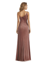 Elegant Sheath One Shoulder Formal Velvet Long Wedding Guest Dresses