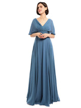 Elegant V-neck Cap Sleeves Sleeves Chiffon Long Bridesmaid Dresses
