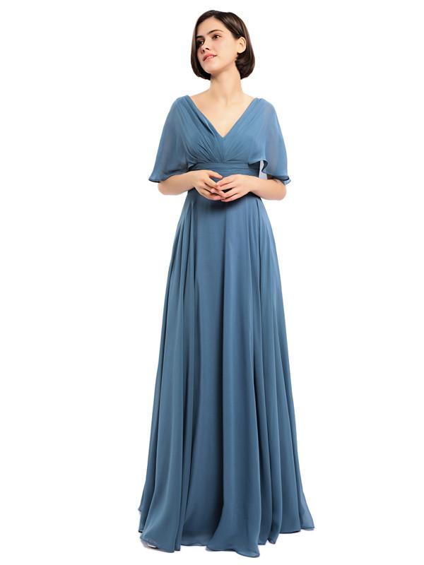 Elegant V-neck Cap Sleeves Sleeves Chiffon Long Bridesmaid Dresses