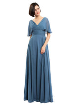 Elegant V-neck Cap Sleeves Sleeves Chiffon Long Bridesmaid Dresses