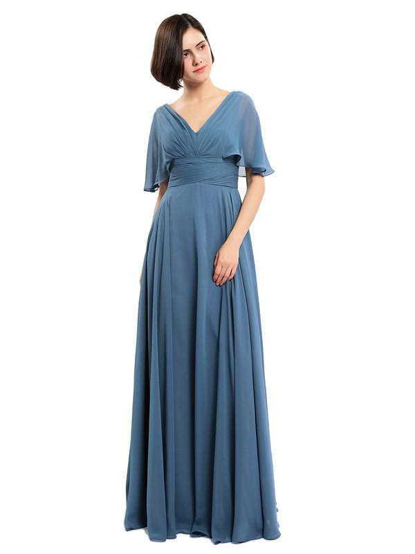 A-line V-neck Cap Sleeves Sleeves Chiffon Long Bridesmaid Dresses - Chicsew  – ChicSew