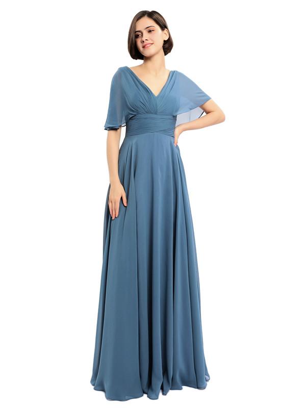 Elegant V-neck Cap Sleeves Sleeves Chiffon Long Bridesmaid Dresses