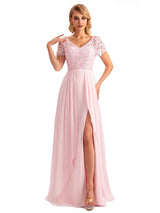 Elegant Side Slit Chiffon Short Sleeves A-line Long Mother of the Brides Dresses