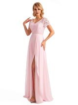 Elegant Side Slit Chiffon Short Sleeves A-line Long Mother of the Brides Dresses