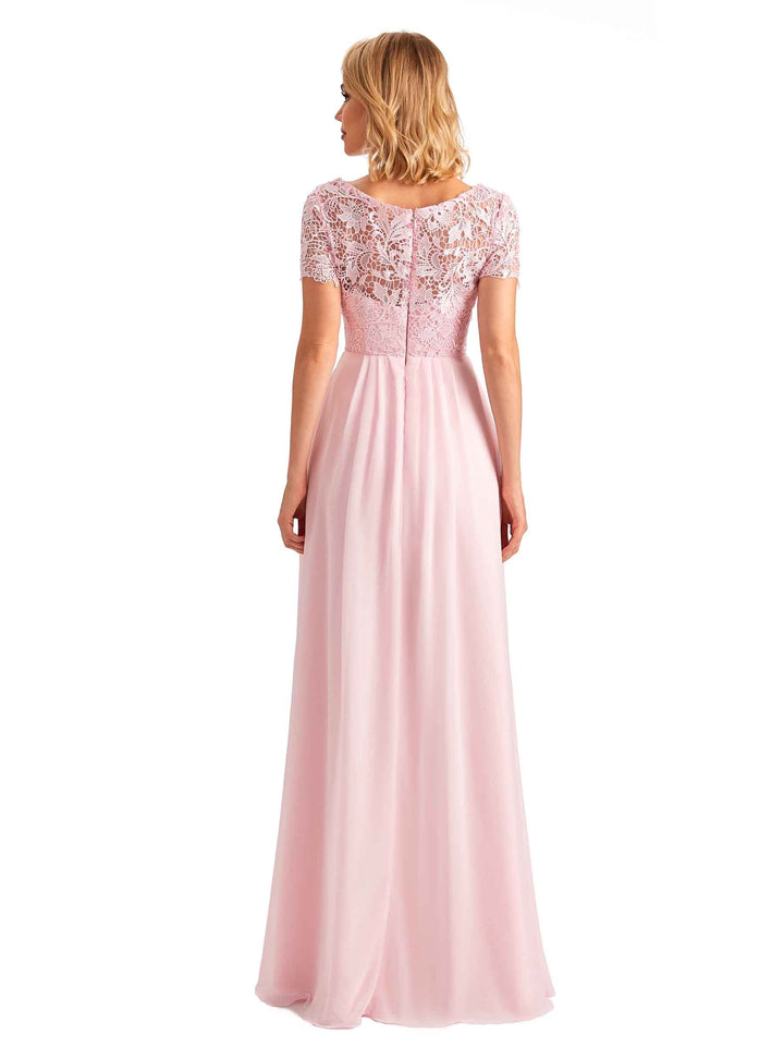 Elegant Side Slit Chiffon Short Sleeves A-line Long Mother of the Brides Dresses