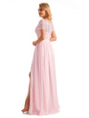 Elegant Side Slit Chiffon Short Sleeves A-line Long Mother of the Brides Dresses